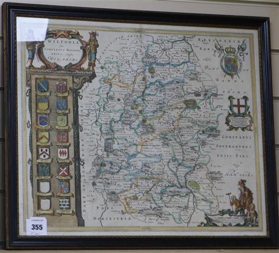After Willem Janszoon Blaeu (1571-1638). A coloured engraved map Wiltonia Sive Camitatus Wiltoniensis Anglis,